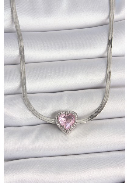 316L Çelik Gümüş Renk Italyan Zincir Pembe Zirkon Taşlı Kalp Model Kadın Kolye TG27BKO10119