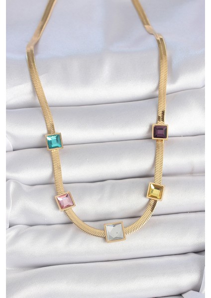 316L Çelik Gold Renk Italyan Zincir Model Kare Renkli Zirkon Taşlı Kadın Kolye TG27BKO10118 fiyatları