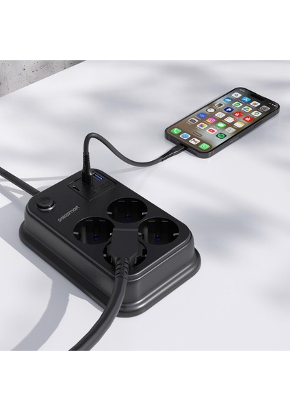 MP22 Akım Korumalı 4 Priz 2 USB 1 Type-C Çıkışlı Uzatma Kablosu 2 Metre Siyah modelleri