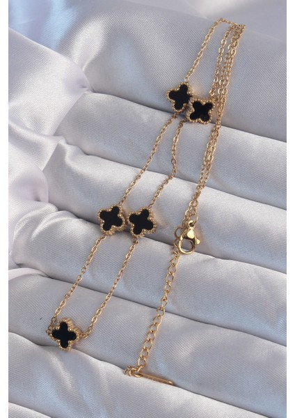 316L Çelik Gold Renk Minimal Siyah Mineli Yonca Kolye TG27BKO9004 fiyatları