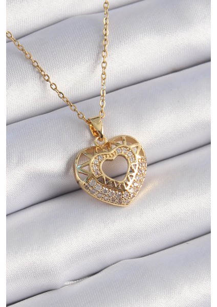 316L Çelik Gold Renk Zirkon Taşlı Kalp Model Vintage Kadın Kolye TG27BKO9325