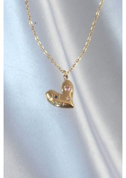 316L Çelik Zincir Gold Renk Renkli Zirkon Taşlı Kalp Kolye TG27BKO8905 fiyatları