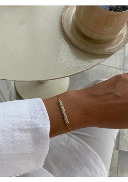 Xuping Ortası Zirkon Taşlı Künye Model Gold Bileklik