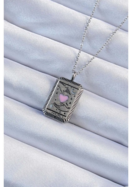 316L Çelik Zincir Eskitme Gümüş Renk Pembe Mineli Kalp Figürlü Tarot Kolye TG27BKO9232