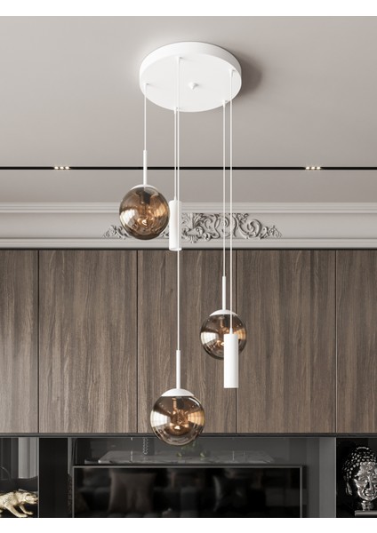 Vienna Modern Beyaz Metal Gövdeli 5'li Sarkıt Avize - 3 Bal Cam Küre 2 LED Spot, E27 DUY-G10 Duy