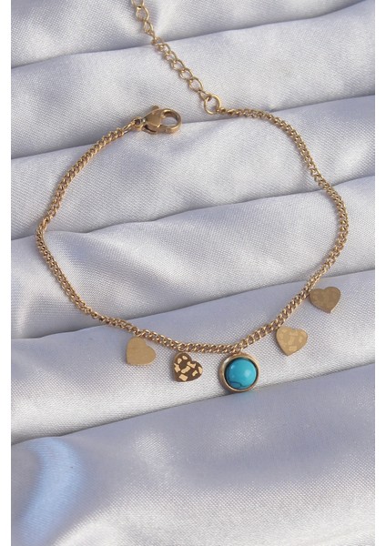 316L Çelik Gold Renk Minimal Kalpli Mavi Taş Detaylı Bileklik TG27BB6178