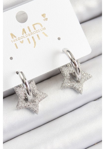 Pirinç Zirkon Taşlı Yıldız Figürlü Halka Model Gümüş Renk Kadın Küpe TG27BKP10782