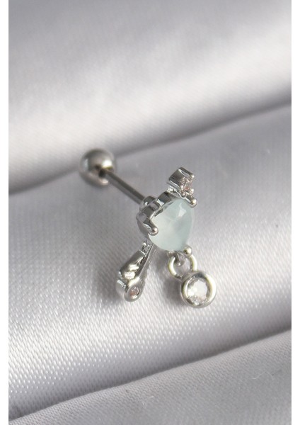 316L Çelik Gümüş Renk Beyaz Minelik Kalp Sallantı Zirkon Taş Detay Tragus Piercing TG27PR1229