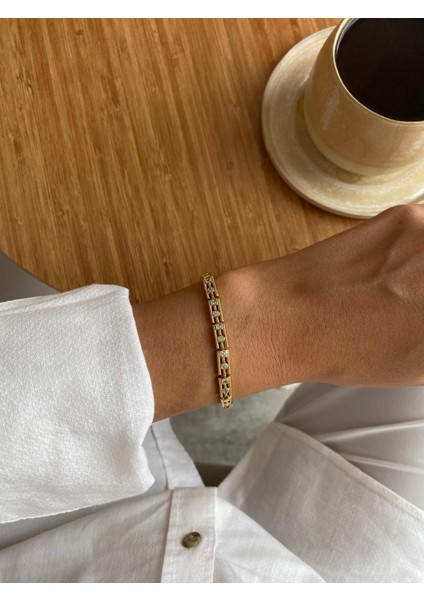 Xuping 14K Zirkon Taş Işlemeli Kare Labirent Gold Bileklik