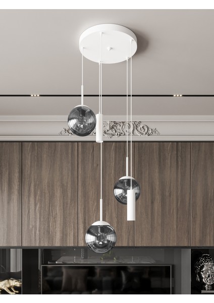 Vienna Modern Beyaz Metal Gövdeli 5'li Sarkıt Avize - 3 Füme Cam Küre 2 LED Spot, E27 DUY-G10 Duy