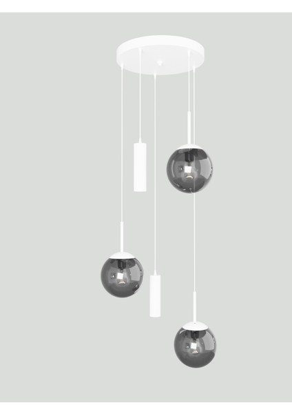 Vienna Modern Beyaz Metal Gövdeli 5'li Sarkıt Avize - 3 Füme Cam Küre 2 LED Spot, E27 DUY-G10 Duy fiyatları