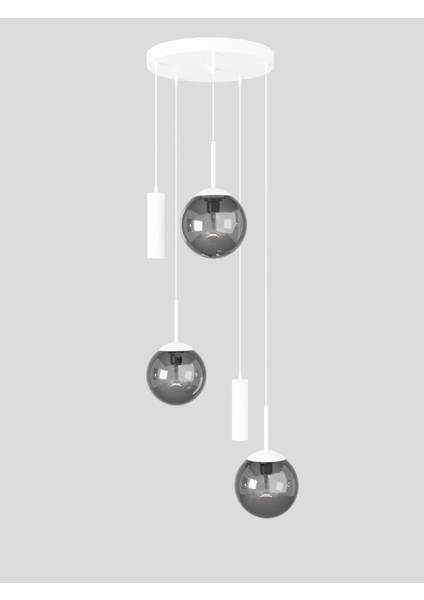 Vienna Modern Beyaz Metal Gövdeli 5'li Sarkıt Avize - 3 Füme Cam Küre 2 LED Spot, E27 DUY-G10 Duy modelleri