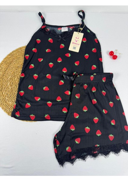 Siyah Çilek Desenli Askılı Şort Pijama Takımı fiyatları