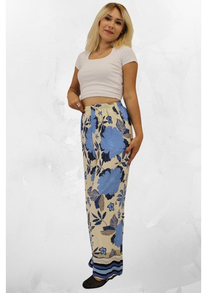 Rahat Kesim Beli Lastikli Viskon Kumaş Bol Paça Kadın Pantolon