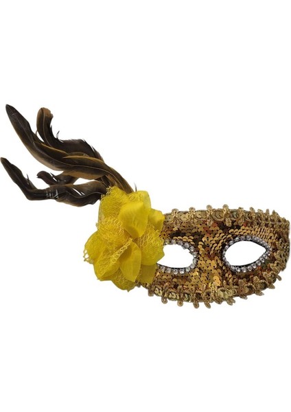 Altın Renk Pullu Güllü Tüylü Wedding Maskesi Lastikli Balo Mask 1 Adet Bride