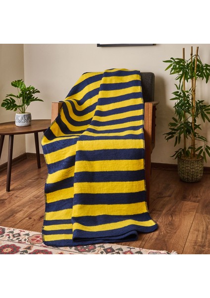 Soft Çizgili Pamuklu Tv Battaniyesi - Sarı / Lacivert - 130X170 cm