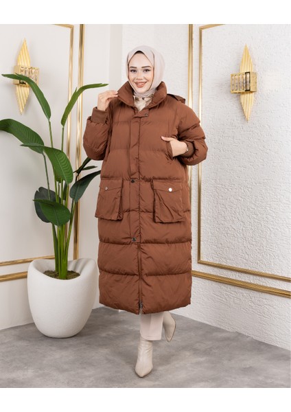 Kadın Kapüşonlu Fermuarlı Cepli Uzun Taba Mont