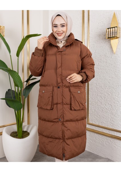 Kadın Kapüşonlu Fermuarlı Cepli Uzun Taba Mont fiyatları