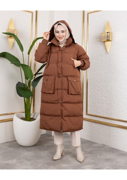 Kadın Kapüşonlu Fermuarlı Cepli Uzun Taba Mont modelleri