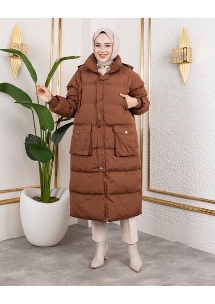Kadın Kapüşonlu Fermuarlı Cepli Uzun Taba Mont fırsatları