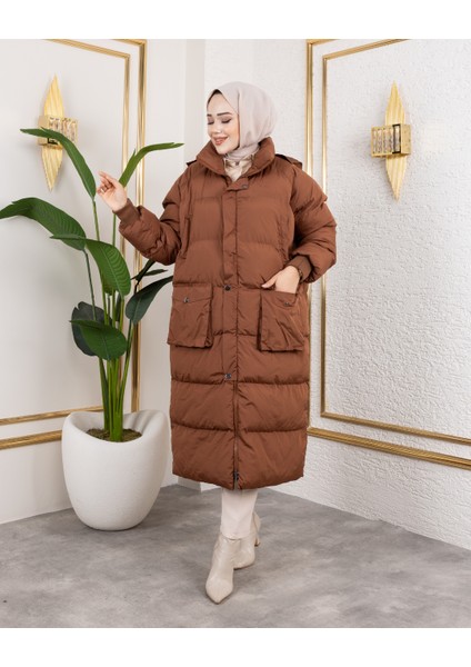 Kadın Kapüşonlu Fermuarlı Cepli Uzun Taba Mont indirimleri