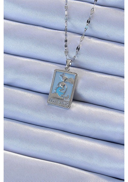 316L Çelik Zincir Gümüş Renk Mavi Mineli Tarot Kolye TG27BKO9210