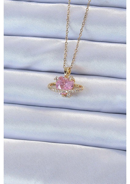 316L Çelik Zincir Altın Renk Pembe Zirkon Taşlı Satürn Görünümlü Kalp Kolye TG27BKO9220