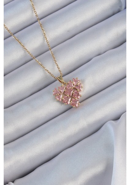 316L Çelik Zincir Altın Renk Pembe Parçalı Zirkon Taşlı Kalp Kolye TG27BKO9163