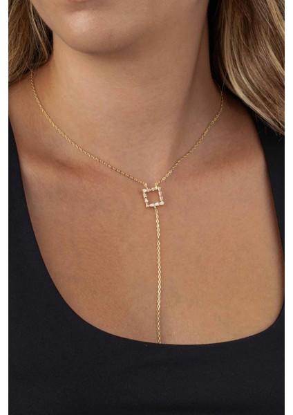 Baget Taşlı Kare Y Model Altın Kaplama Kadın Çelik Kolye