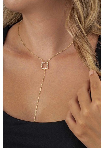 Baget Taşlı Kare Y Model Altın Kaplama Kadın Çelik Kolye modelleri