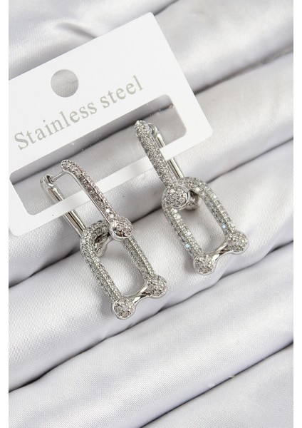 Pirinç Zirkon Taşlı Tifany Model Gümüş Renk Kadın Küpe TG27BKP11096