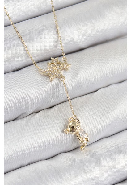 Pirinç Zirkon Taşlı Sallantılı Ayıcıklı Yıldız Model Gold Renk Kadın Kolye TG27BKO10418