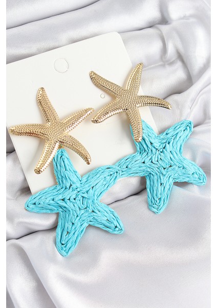 Pirinç Sallantılı Turkuaz Deniz Yıldızı Model Gold Renk Hasır Küpe TG27BKP11027