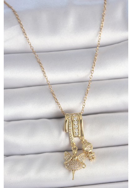 316L Çelik Gold Renk Zirkon Taşlı Sallantı Melek Figür Charm Kadın Kolye TG27BKO10099