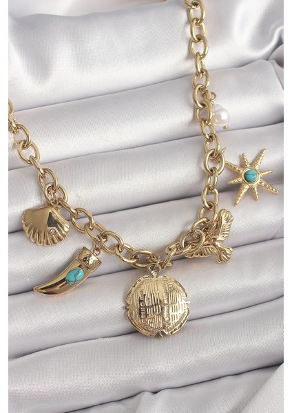 316L Çelik Gold Renk Zincir Sallantılı Çoklu Figür Model Kadın Kolye TG27BKO9849