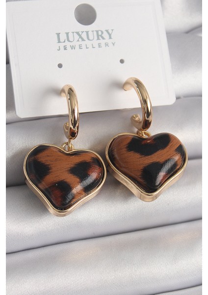 Pirinç Gold Renk 3D Kalp Leopar Desen Model Kadın Küpe TG27BKP9875