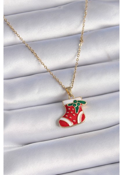 316L Çelik Gold Renk Zincir Yılbaşı Temalı Kırmızı Noel Çorabı Figür Kadın Kolye TG27BKO9444