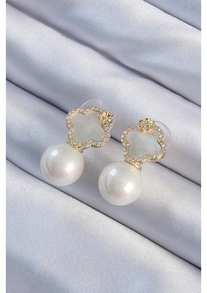 Pirinç Altın Renk Zirkon Taşlı Minimal Çiçek Tasarımlı Kadın Küpe TG27BKP9480