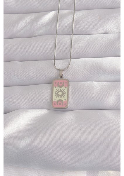 316L Çelik Gümüş Renk Pembe Mineli Ay Figür Tarot Kolye TG27BKO9045