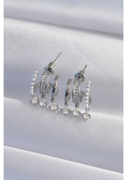 Pirinç Gümüş Renk Incili Çoklu Zirkon Taşlı Yarım Halka Küpe TG27BKP9316 modelleri