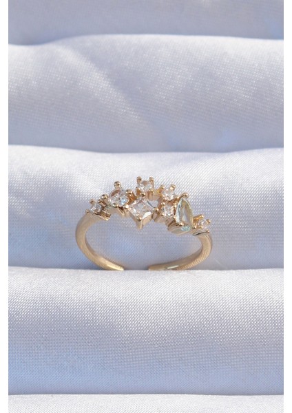 Pirinç Gold Renk Zirkon Taşlı Damla Detay Ayarlanabilir Yüzük TG27BYK3245