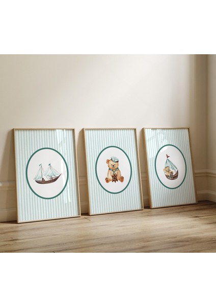 (Çerçevesiz) Teddy Ayıcık Desenli Bebek Odası 3lü Poster Seti modelleri