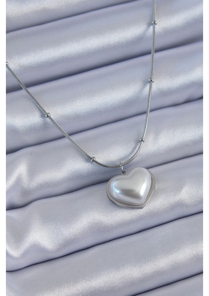 316L Çelik Gümüş Renk Incili Kalp Model Minimal Top Detay Kadın Kolye TG27BKO7614