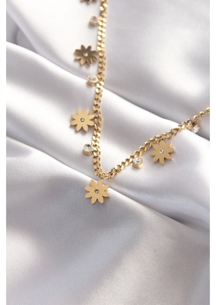 316L Çelik Taşlı Gold Renk Çoklu Çiçek Kolye TG27BKO8480 fiyatları