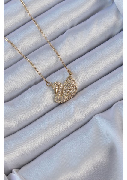 316L Çelik Zincir Altın Renk Zirkon Taşlı Kuğu Kolye TG27BKO9149