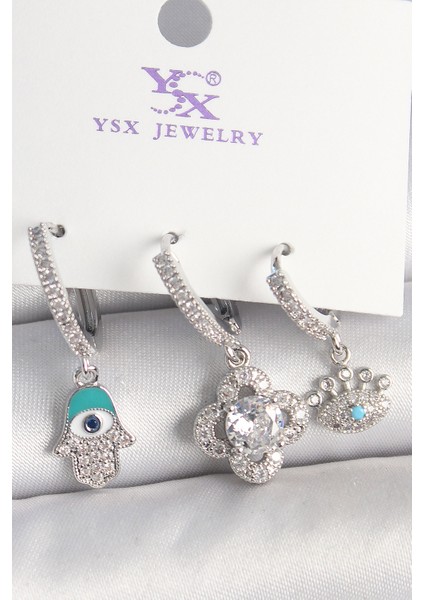 Pirinç Gümüş Renk Zirkon Taşlı Fatma Ana Yonca Figür Göz Detay 3'lü Kadın Kombin Küpe TG27BKP10450