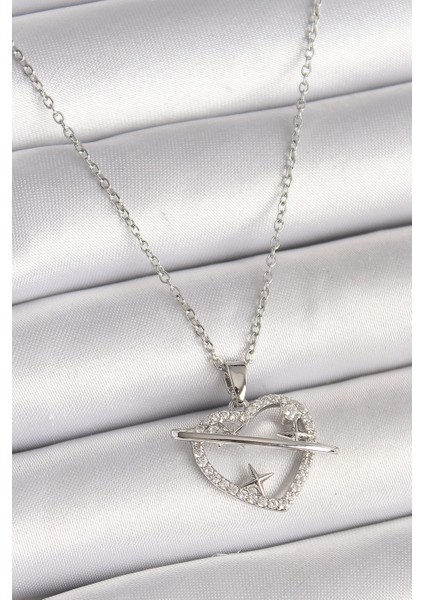 316L Çelik Gümüş Renk Zincir Zirkon Taşlı Kalp Model Yıldız Detay Kadın Kolye TG27BKO9860