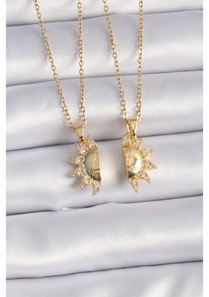 316L Çelik Gold Renk Zirkon Taşlı Güneş Model Işleme Yazı Detay Arkadaş Kolyesi TG27BKO9288