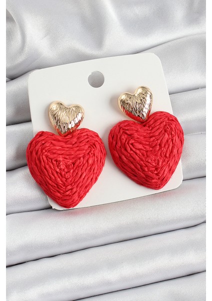 Kırmızı Kalp Figürlü Hasır Örgü Model Gold Renk Kadın Küpe TG27BKP10735