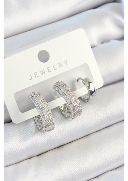 Pirinç Zirkon Taşlı Damla Model Gümüş Renk 3'lü Çift Kadın Küpe Set TG27BKP10805